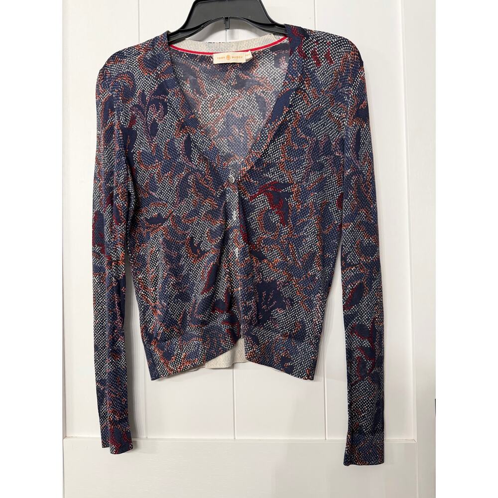 Tory Burch Cardigan navy, red, burnt orange floral print in sz XS